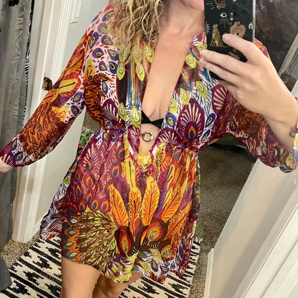 Rima Beach World Bathing Suit Coverup Deep V Cut Sheer Mini Dress - Picture 2 of 6